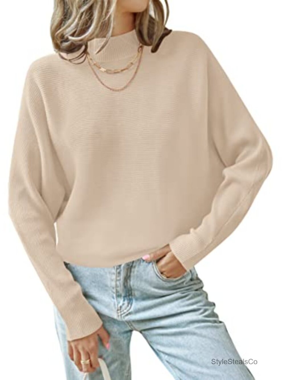 Turtleneck Long Batwing Sleeve Ribbed Knit Pullover Sweater